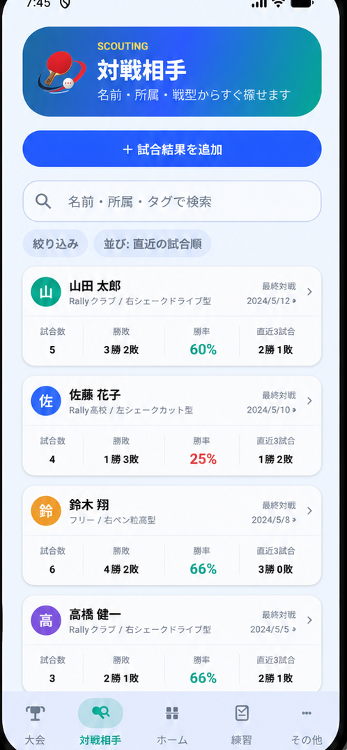 Rally Passportの対戦相手管理画面のスクリーンショット