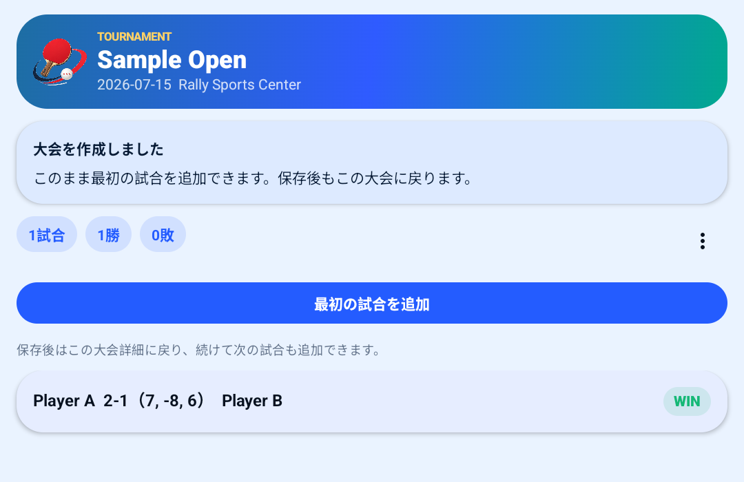 試合保存後の大会詳細画面